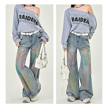 Womens Y2k Wide Leg Jeans Pants High Waisted Graffiti 90s